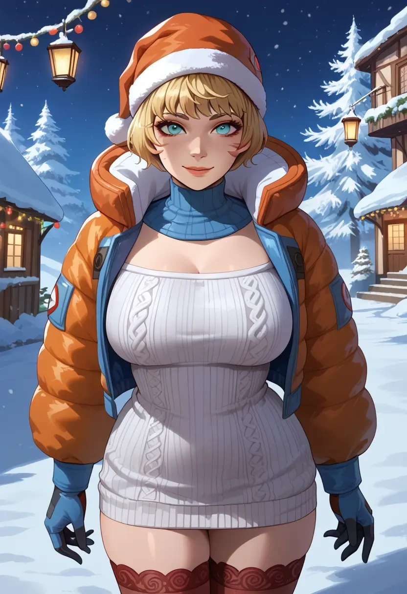 apex_legends,wattson_(apex_legends),Christmas,sweater dress,stockings  - 