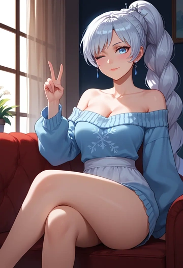 rwby,weiss_schnee,off-shoulder,sweater  - AI generated anime art