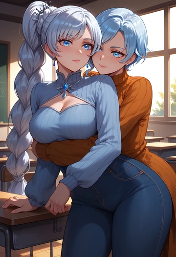 rwby,weiss_schnee,teacher, sweater, jeans shorts  - AI generated anime art