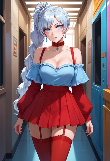 rwby,weiss_schnee,collar,oversized,Thigh garters  - AI generated anime art