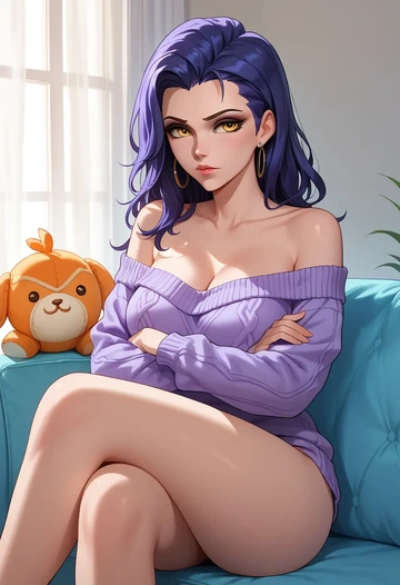 overwatch,widowmaker_(overwatch),arms crossed,off-shoulder,sweater,cross-legged  - AI generated anime art