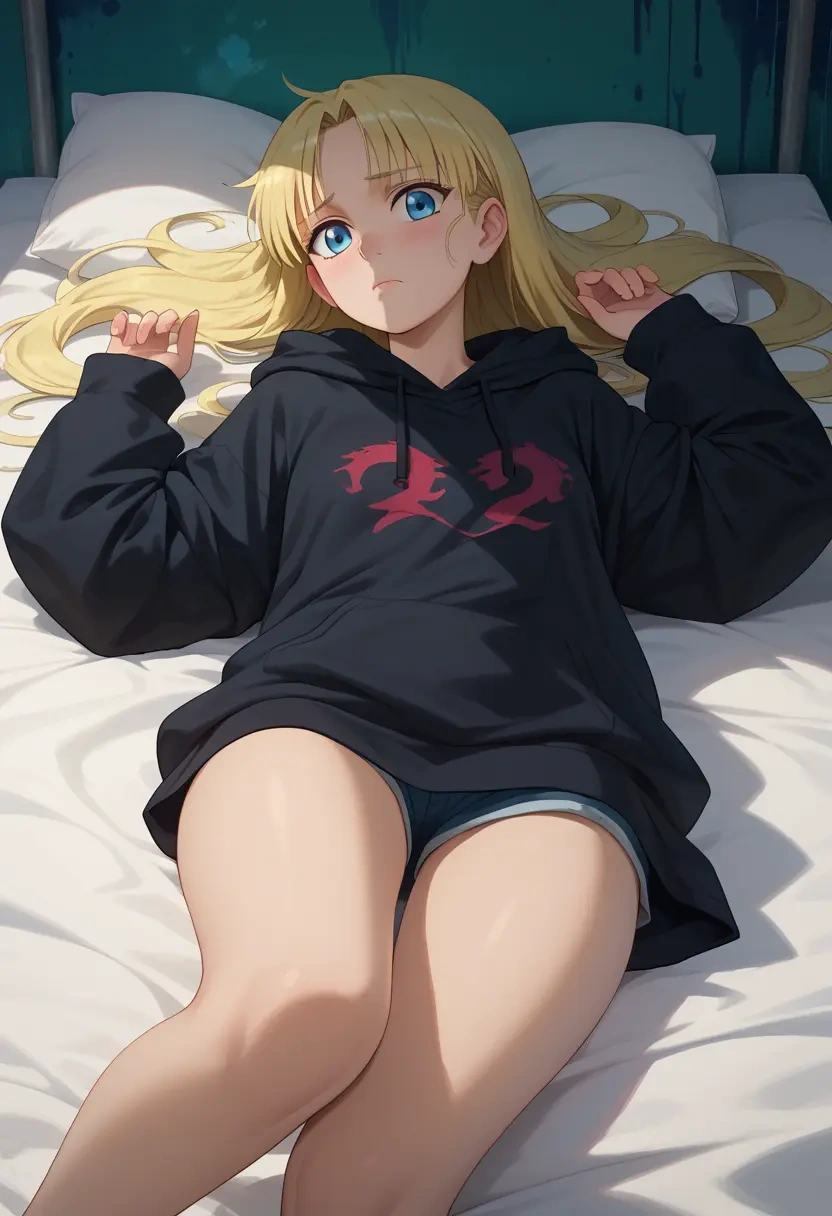 fullmetal_alchemist,winry_rockbell,oversized graphic hoodie,thigh-high socks,shorts  - 