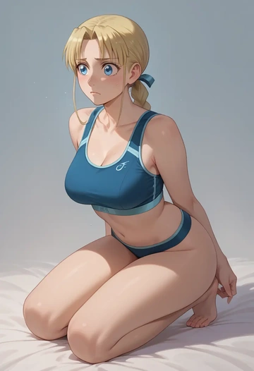 fullmetal_alchemist,winry_rockbell,sports bra,wide-leg joggers  - AI generated anime art