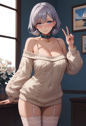 kantai_collection,wo-class_aircraft_carrier,blushing,collar,off-shoulder,sweater,stockings  - AI generated anime art