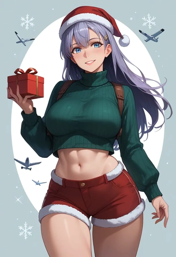 kantai_collection,wo-class_aircraft_carrier,Christmas,red velvet shorts,turtleneck sweater  - AI generated anime art