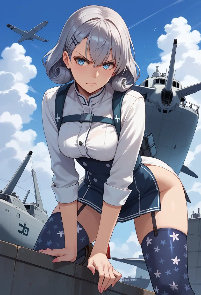 kantai_collection,wo-class_aircraft_carrier,shirt dress,belted,stockings  - 