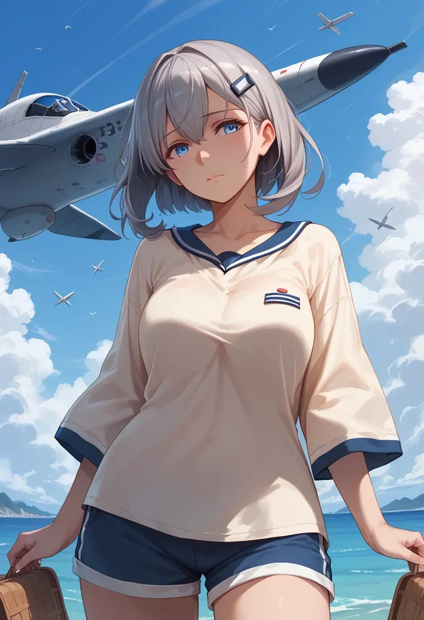 kantai_collection,wo-class_aircraft_carrier,graphic tee,shorts,sneakers  - 