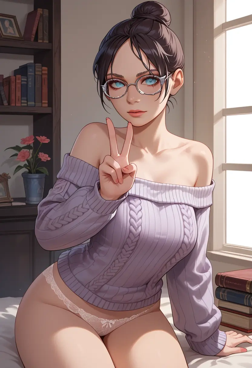 apex_legends,wraith_(apex_legends),sweater,panties,off-shoulder,glasses,sexy  - 