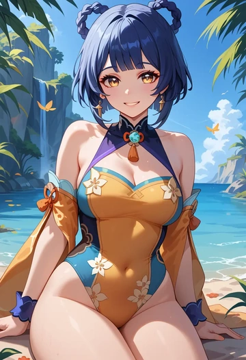 genshin_impact,xiangling_(genshin_impact),swimsuit,floral print  - AI generated anime art