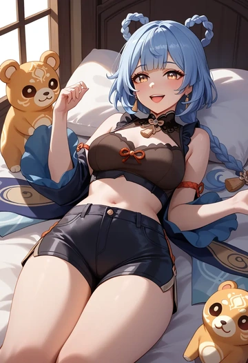 genshin_impact,xiangling_(genshin_impact),leather,shorts,crop top  - AI generated anime art