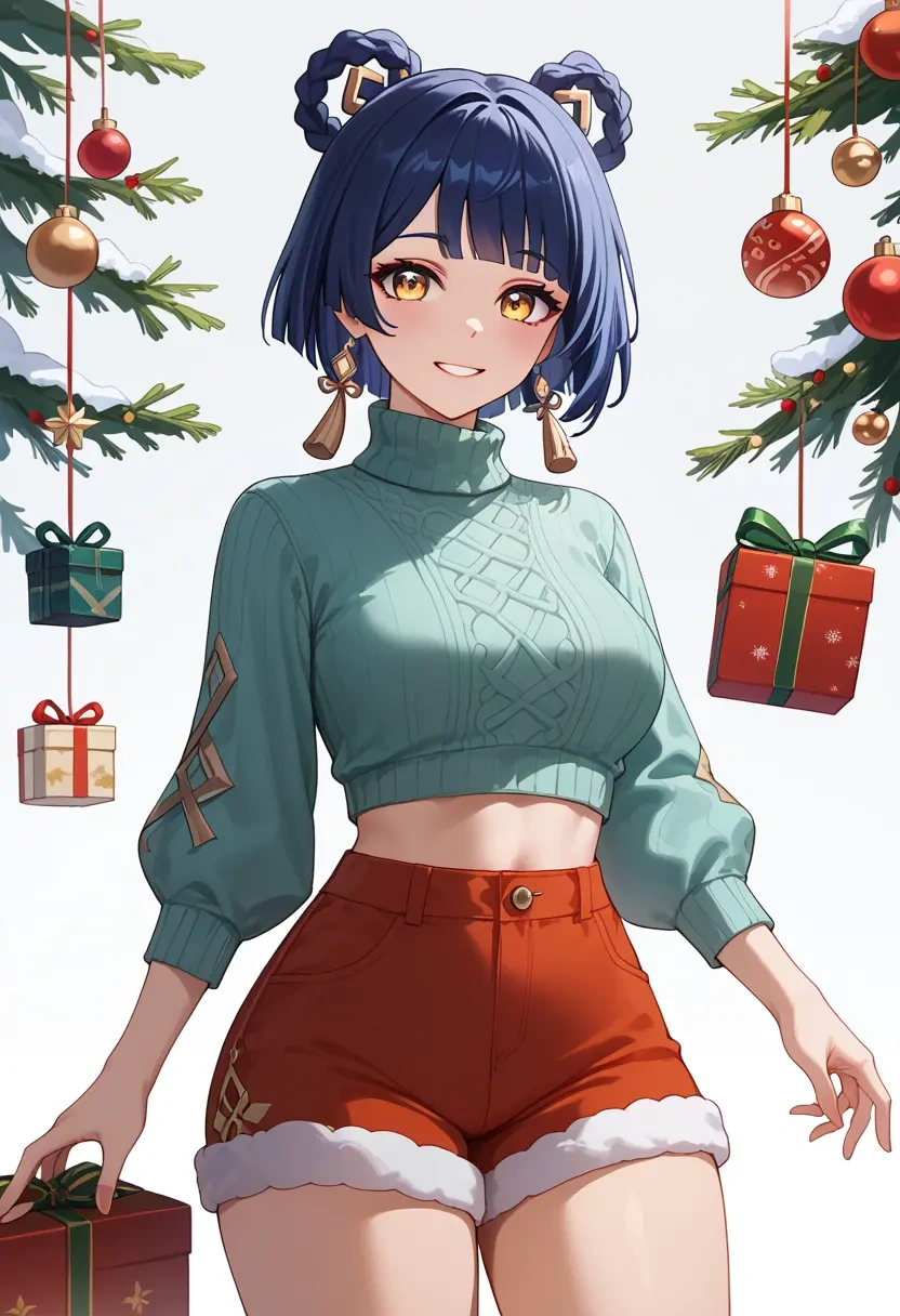 genshin_impact,xiangling_(genshin_impact),Christmas,red velvet shorts,turtleneck sweater  - 