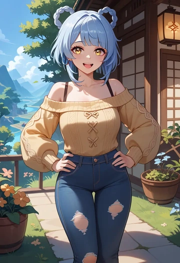 genshin_impact,xiangling_(genshin_impact),sweater,off-shoulder,ripped jeans  - AI generated anime art