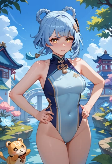 genshin_impact,xiangling_(genshin_impact),racerback swimsuit,striped trim,name tag patch  - AI generated anime art