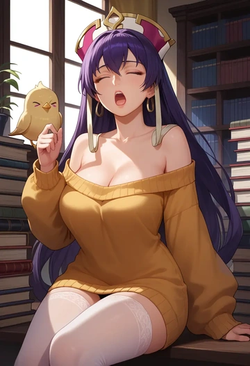 fate_(series),xuangzang_sanzang_(fate),Yawning,off-shoulder,sweater,stockings  - AI generated anime art