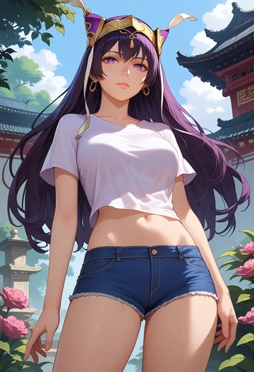 fate_(series),xuangzang_sanzang_(fate),denim shorts  - AI generated anime art