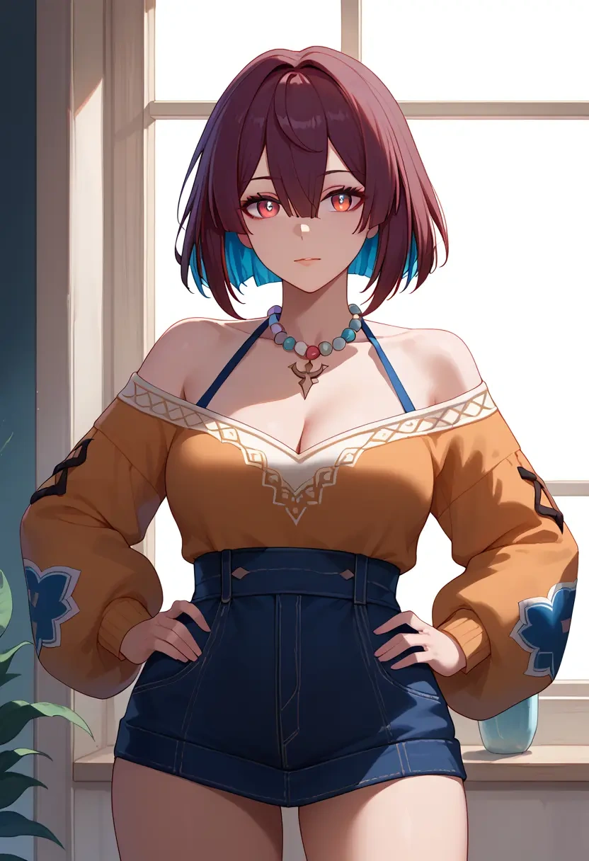 star rail,xueyi,Hands on hips,off-shoulder,sweater  - 