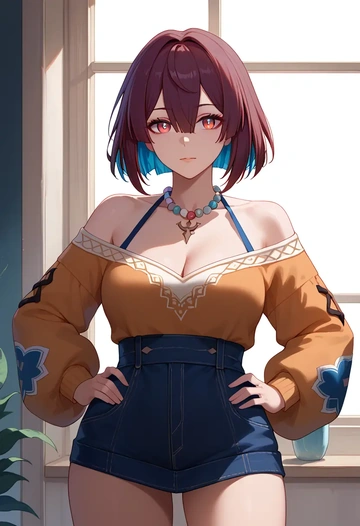 star rail,xueyi,Hands on hips,off-shoulder,sweater  - AI generated anime art