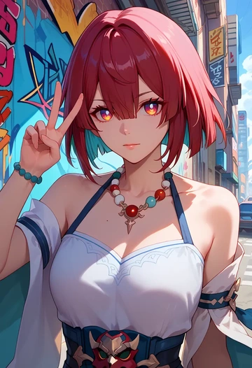 star rail,xueyi,neon graffiti top,dolphin shorts  - AI generated anime art