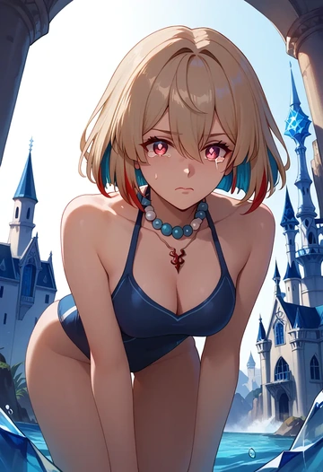 star rail,xueyi,retro style swimsuit,frilled neckline,bow detail  - AI generated anime art