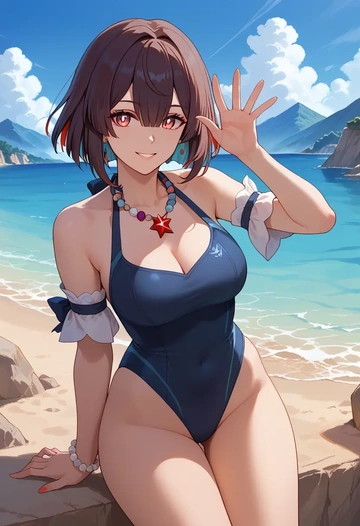 star rail,xueyi,retro style swimsuit,frilled neckline,bow detail  - AI generated anime art