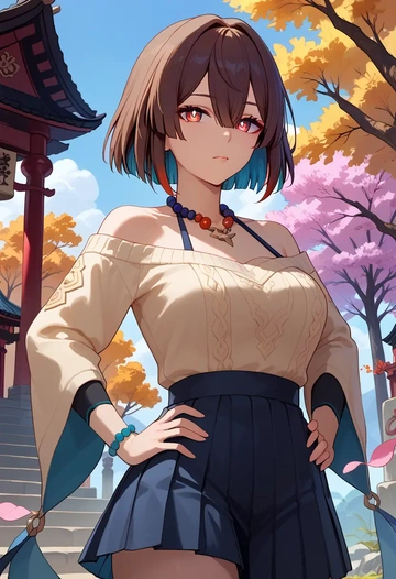 star rail,xueyi,sweater,cropped,pleated midi skirt  - AI generated anime art