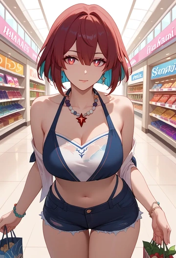 star rail,xueyi,sleeveless swim top,shorts-style bottom,contrast stitching  - AI generated anime art