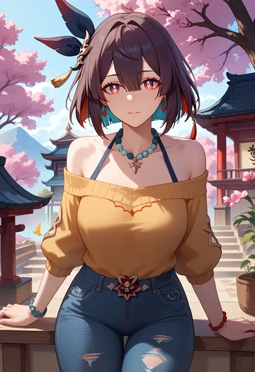 star rail,xueyi,sweater,off-shoulder,ripped jeans  - AI generated anime art