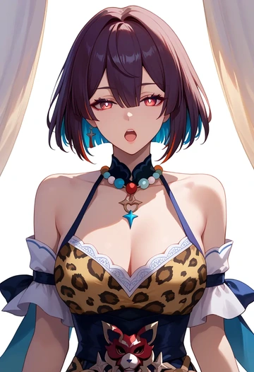 star rail,xueyi,leopard print,silk slip dress  - AI generated anime art