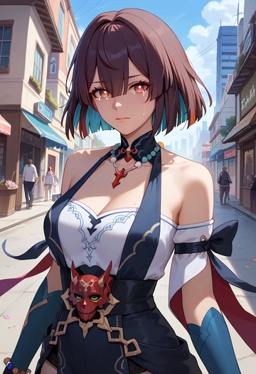 star rail,xueyi,witch blouse,asymmetrical skirt,striped stockings  - AI generated anime art