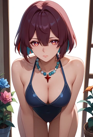 star rail,xueyi,retro style swimsuit,frilled neckline,bow detail  - AI generated anime art