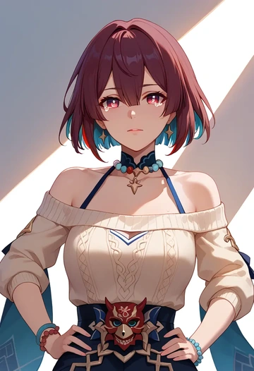 star rail,xueyi,sweater,off-shoulder,collar  - AI generated anime art