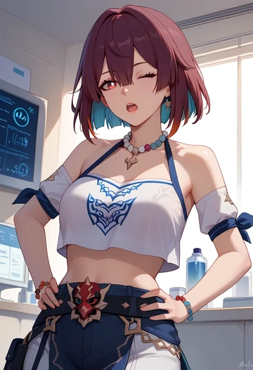 star rail,xueyi,crop top,athletic shorts  - AI generated anime art