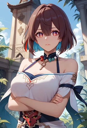 star rail,xueyi,off-shoulder top,dolphin shorts  - AI generated anime art