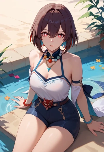 star rail,xueyi,sleeveless swim top,shorts-style bottom,contrast stitching  - AI generated anime art