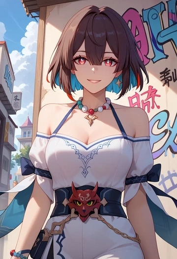 star rail,xueyi,striped graffiti blouse,dolphin shorts  - AI generated anime art