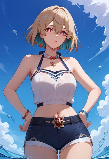 star rail,xueyi,sleeveless swim top,shorts-style bottom,contrast stitching  - AI generated anime art