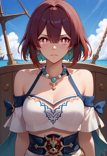 star rail,xueyi,off-shoulder top,dolphin shorts  - AI generated anime art