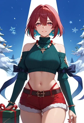 star rail,xueyi,Christmas,red velvet shorts,turtleneck sweater  - AI generated anime art