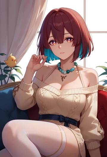 star rail,xueyi,cross-legged,Head resting on hand,off-shoulder,sweater  - AI generated anime art