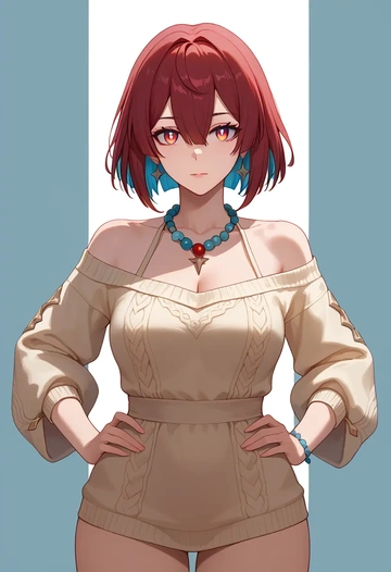 star rail,xueyi,Hands on hips,off-shoulder,sweater  - AI generated anime art