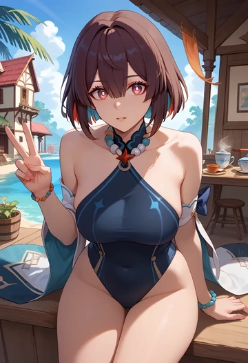 star rail,xueyi,racerback swimsuit,striped trim,name tag patch  - AI generated anime art