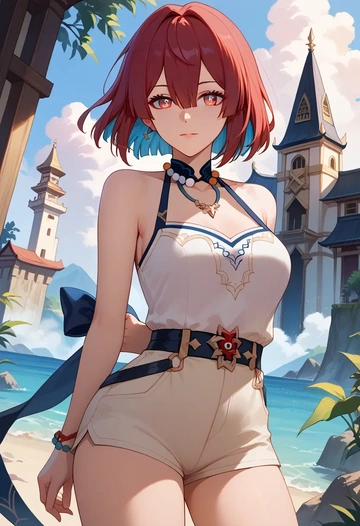 star rail,xueyi,sleeveless swim top,shorts-style bottom,contrast stitching  - AI generated anime art