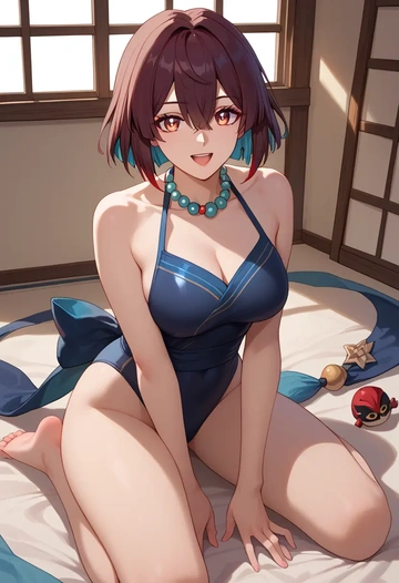 star rail,xueyi,retro style swimsuit,frilled neckline,bow detail  - AI generated anime art