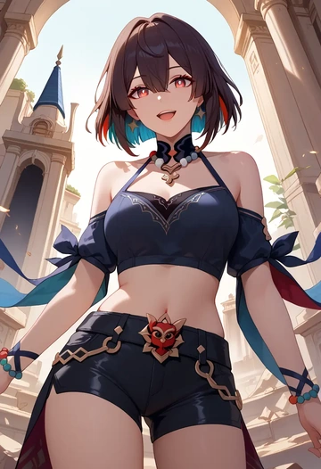 star rail,xueyi,leather,shorts,crop top  - AI generated anime art