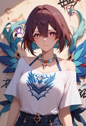 star rail,xueyi,oversized graffiti shirt,dolphin shorts  - AI generated anime art