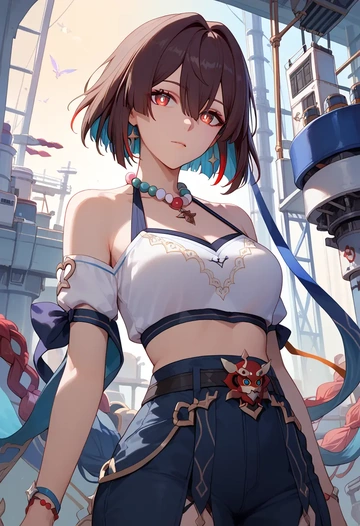 star rail,xueyi,crop top,athletic shorts  - AI generated anime art