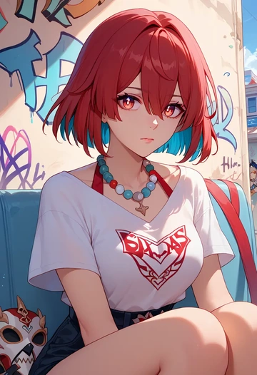 star rail,xueyi,crop graffiti tee,dolphin shorts  - AI generated anime art