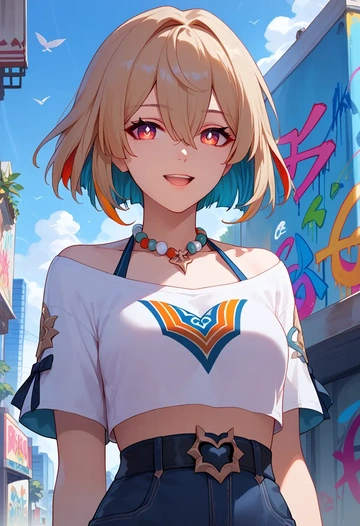 star rail,xueyi,cropped graffiti sweatshirt,dolphin shorts  - AI generated anime art