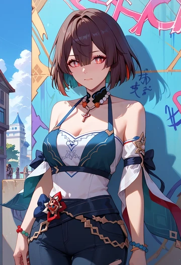 star rail,xueyi,patchwork graffiti top,dolphin shorts  - AI generated anime art