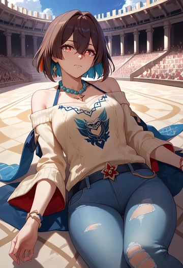 star rail,xueyi,sweater,off-shoulder,ripped jeans  - AI generated anime art